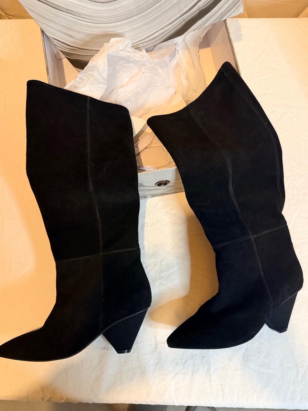 Free People x Jeffery Campbell Black Pointed-Toe Suede Mid-Calf Cone Heel Boots